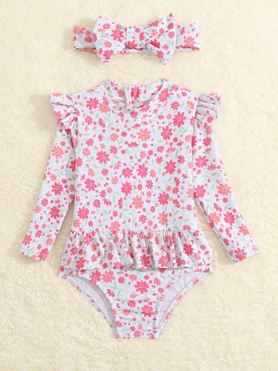 Little Girls Floral Ruffle Swimwear And Matching Headband Summer Vacation Outfit