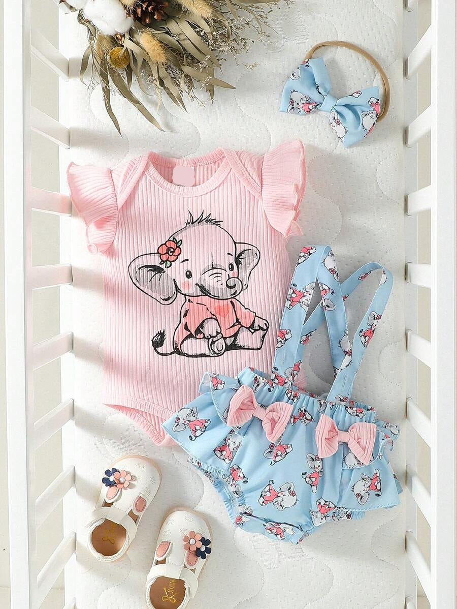 3PCS Baby Cartoon Graphic Bodysuit Suspender Shorts and Headband Set for Cute Summer Wear