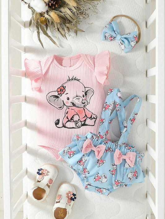 3PCS Baby Cartoon Graphic Bodysuit Suspender Shorts and Headband Set for Cute Summer Wear