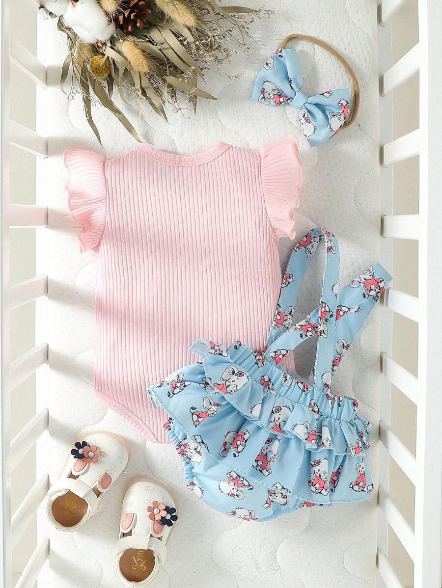 3PCS Baby Cartoon Graphic Bodysuit Suspender Shorts and Headband Set for Cute Summer Wear