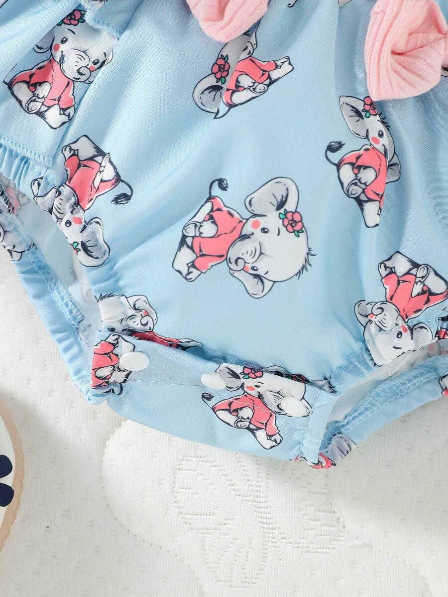 3PCS Baby Cartoon Graphic Bodysuit Suspender Shorts and Headband Set for Cute Summer Wear