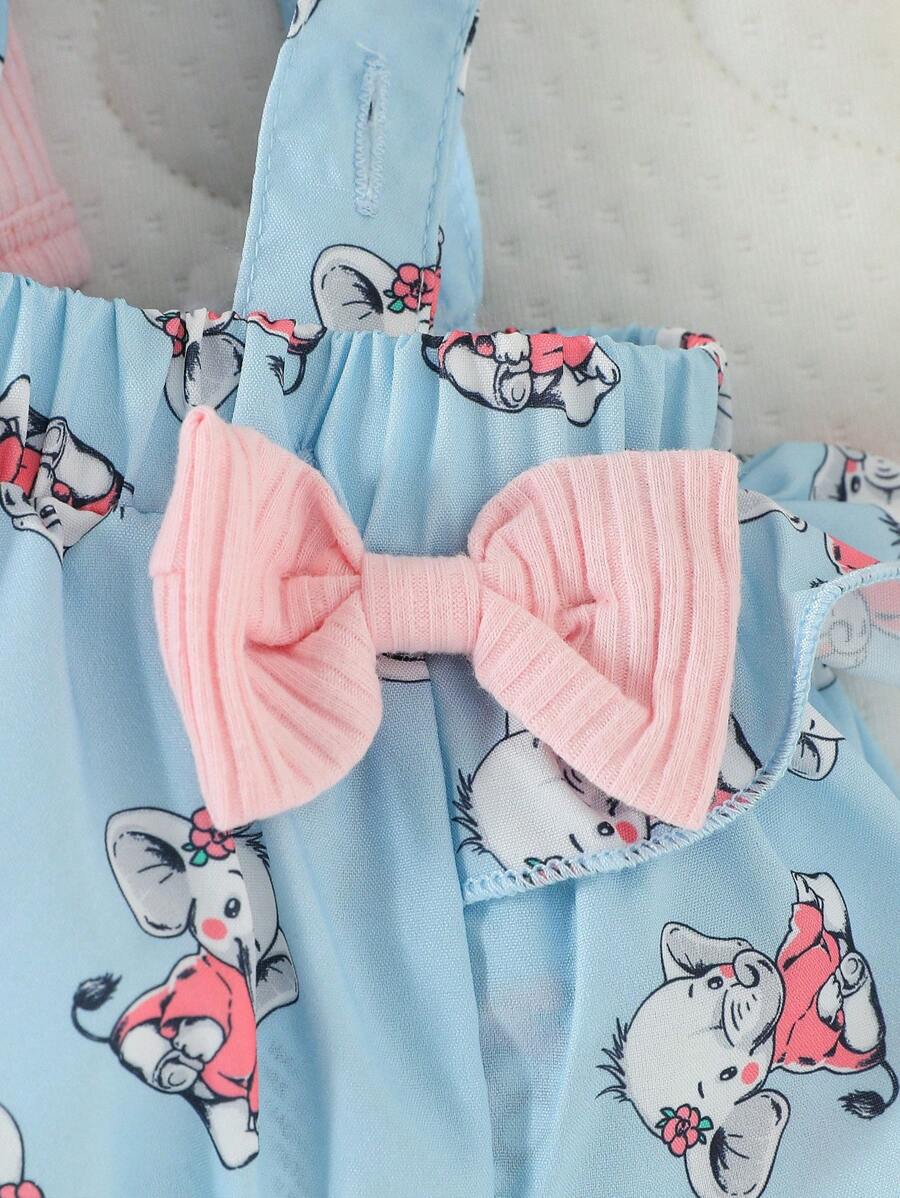 3PCS Baby Cartoon Graphic Bodysuit Suspender Shorts and Headband Set for Cute Summer Wear