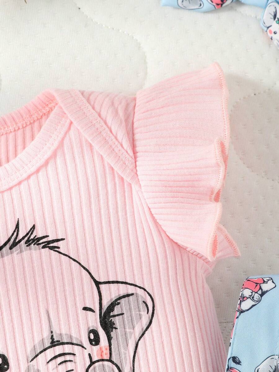3PCS Baby Cartoon Graphic Bodysuit Suspender Shorts and Headband Set for Cute Summer Wear