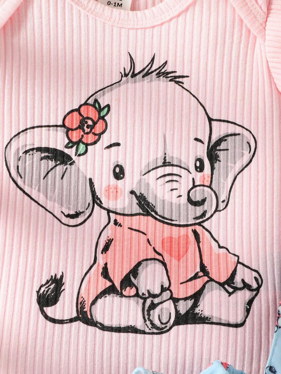 3PCS Baby Cartoon Graphic Bodysuit Suspender Shorts and Headband Set for Cute Summer Wear