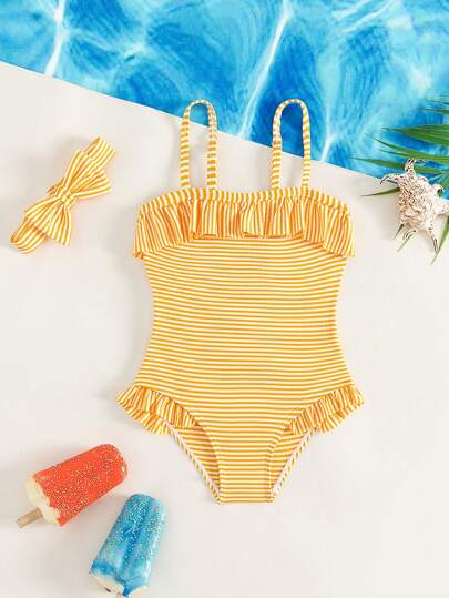 Summer Pool Swimwear Set For Kids Girls Striped One Piece Bathing Suit