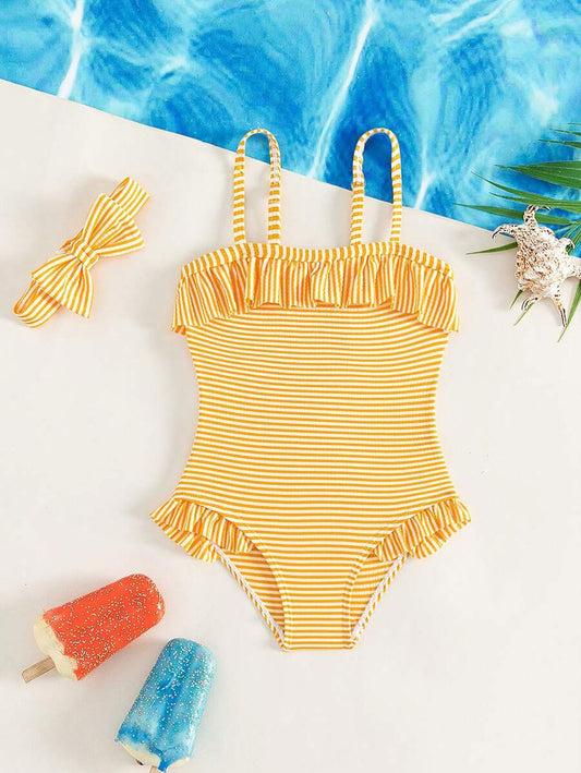 Summer Pool Swimwear Set For Kids Girls Striped One Piece Bathing Suit