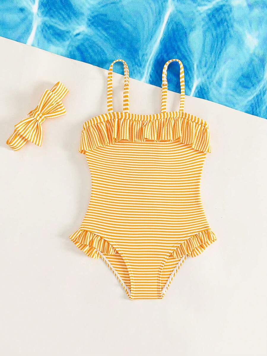 Summer Pool Swimwear Set For Kids Girls Striped One Piece Bathing Suit