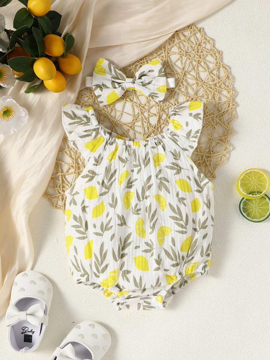 Lemon Print Ruffle Trim Bodysuit and Headband Set for Cute Summer Daily Wear