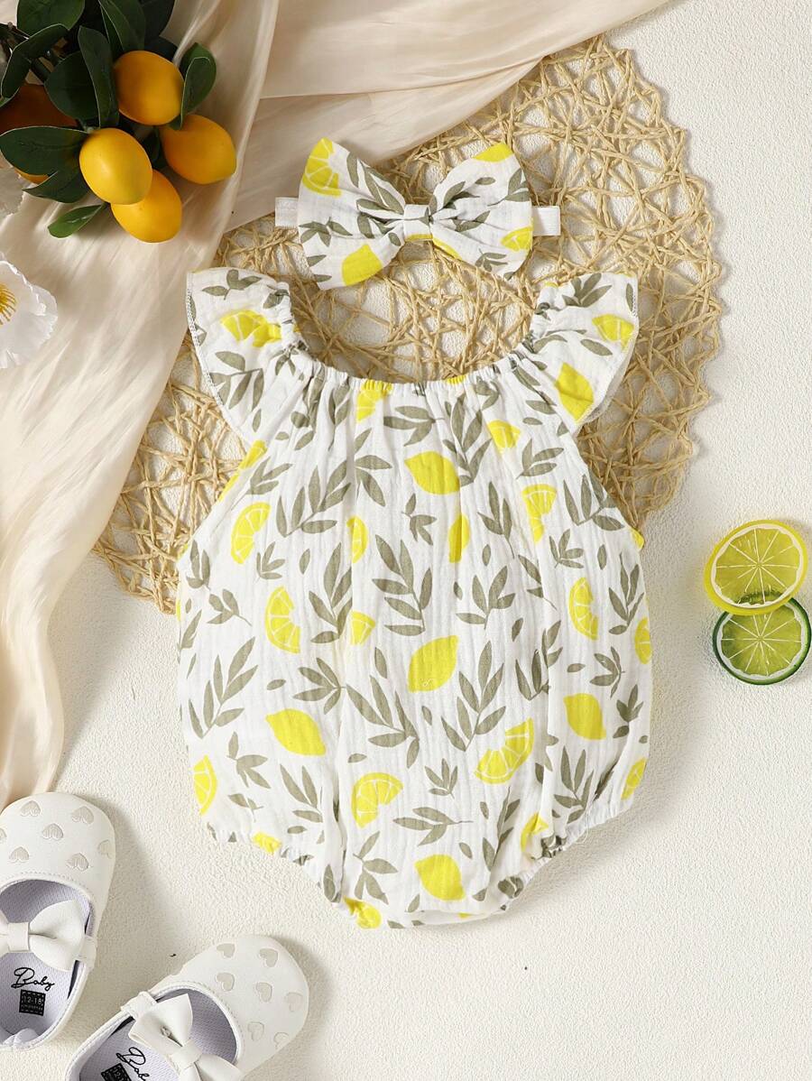 Lemon Print Ruffle Trim Bodysuit and Headband Set for Cute Summer Daily Wear