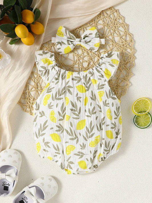 Lemon Print Ruffle Trim Bodysuit and Headband Set for Cute Summer Daily Wear