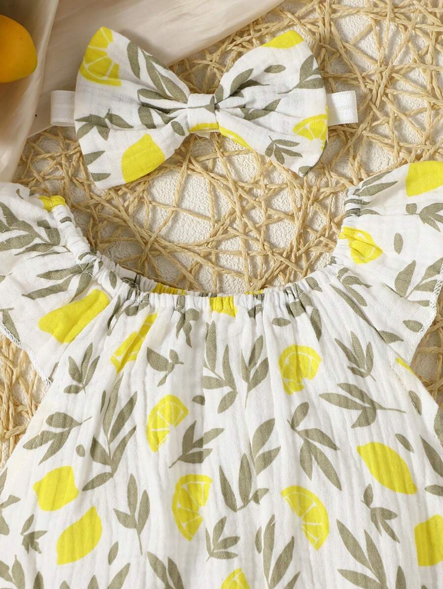 Baby Floral and Grass Print Ruffle Sleeve Romper with Headband for Summer Outings