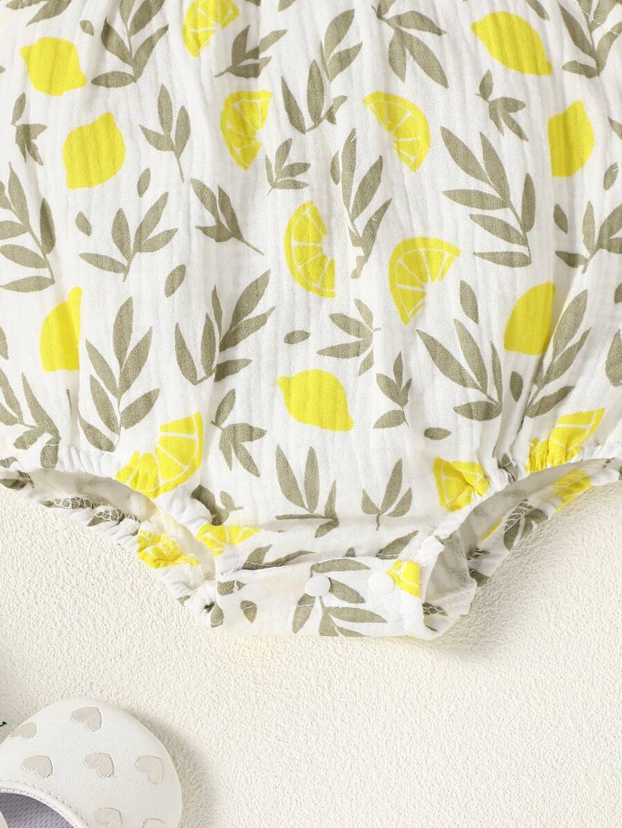 Lemon Print Ruffle Trim Bodysuit and Headband Set for Cute Summer Daily Wear