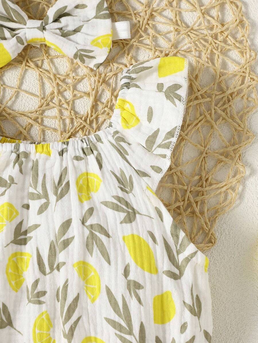 Baby Floral and Grass Print Ruffle Sleeve Romper with Headband for Summer Outings