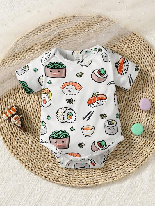 Baby Boy Sushi Print Short Sleeve Bodysuit Cute Food Graphic One Piece Outfit