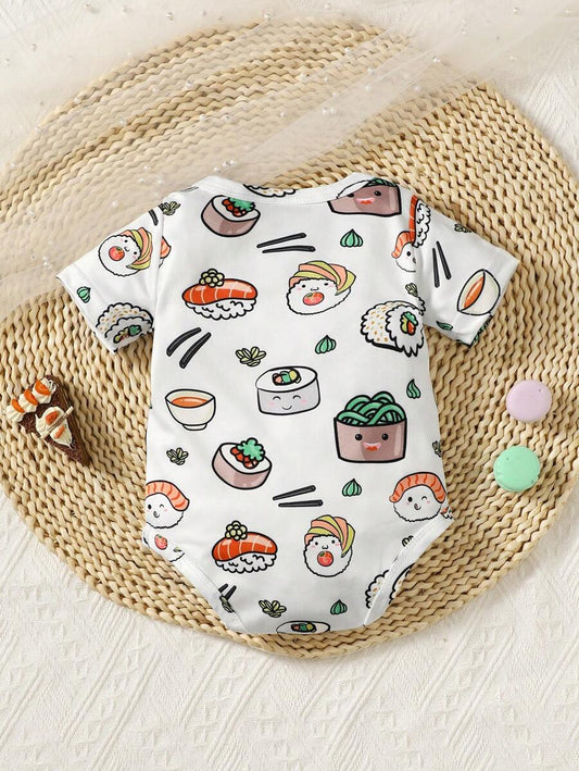 Baby Boy Sushi Print Short Sleeve Bodysuit Cute Food Graphic One Piece Outfit