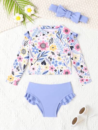 Ruffle Tankini Beachwear For Little Girls With Matching Headband