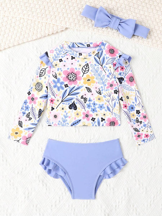 Ruffle Tankini Beachwear For Little Girls With Matching Headband