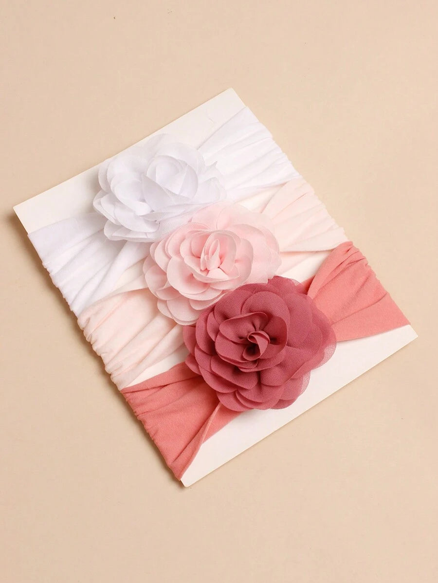 3pcs Rose Flower Pink Baby Headbands for Birthday and Valentines Wear