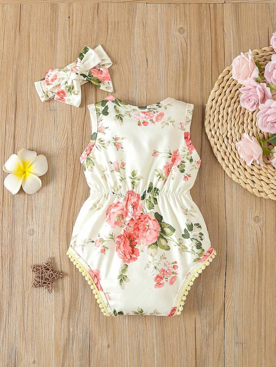 Baby Girl Floral Print Bodysuit With Matching Headband Cute Everyday Outfit
