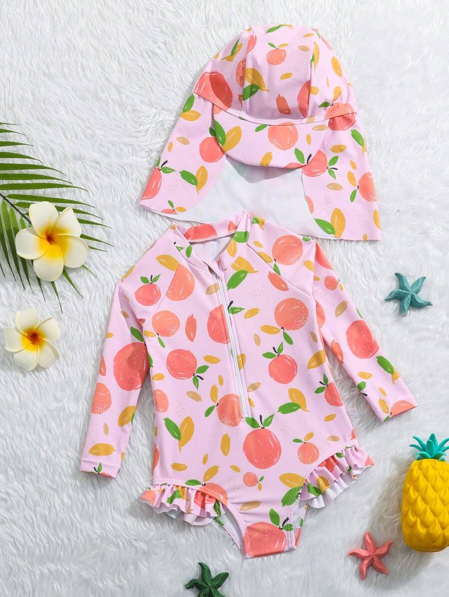 Baby Girls Orange Print One Piece Swimsuit With Hat Summer Beachwear Set