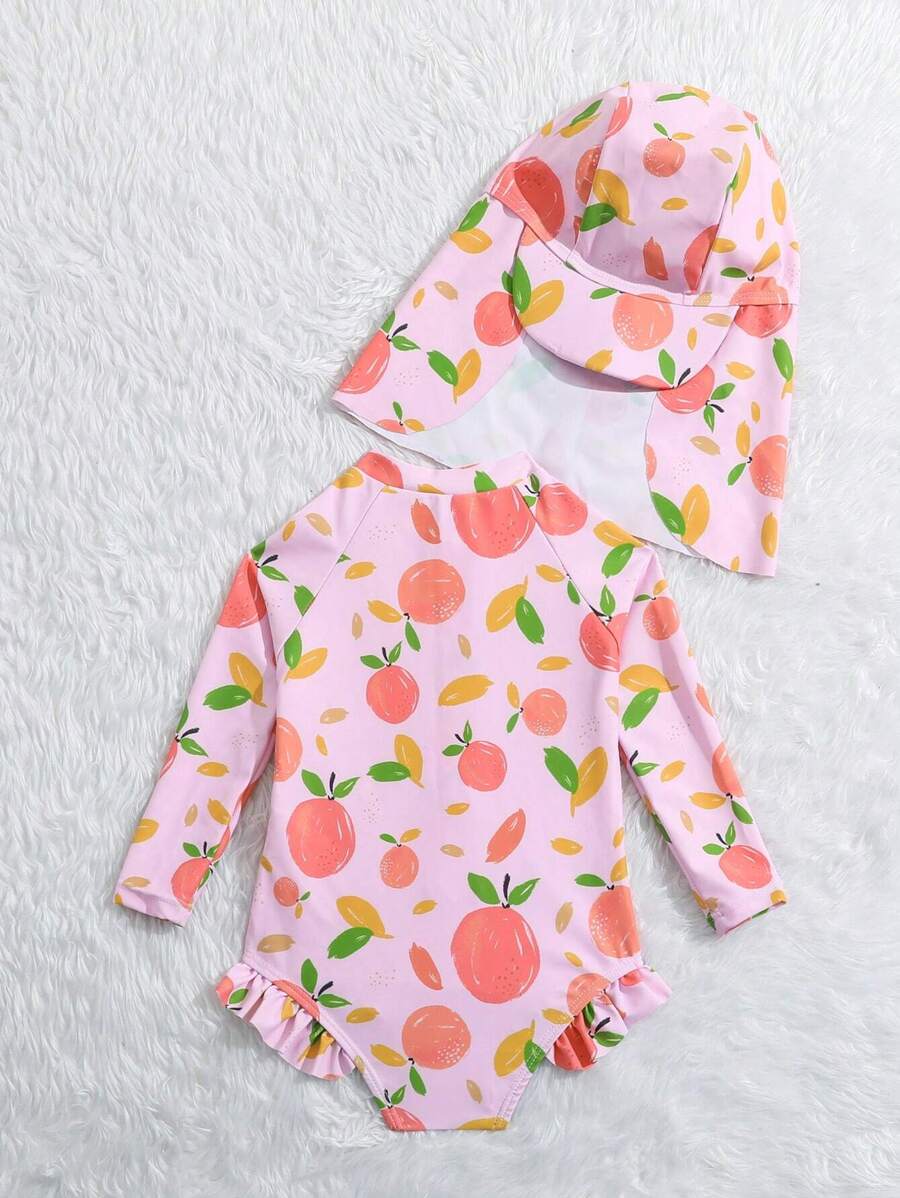 Baby Girls Orange Print One Piece Swimsuit With Hat Summer Beachwear Set