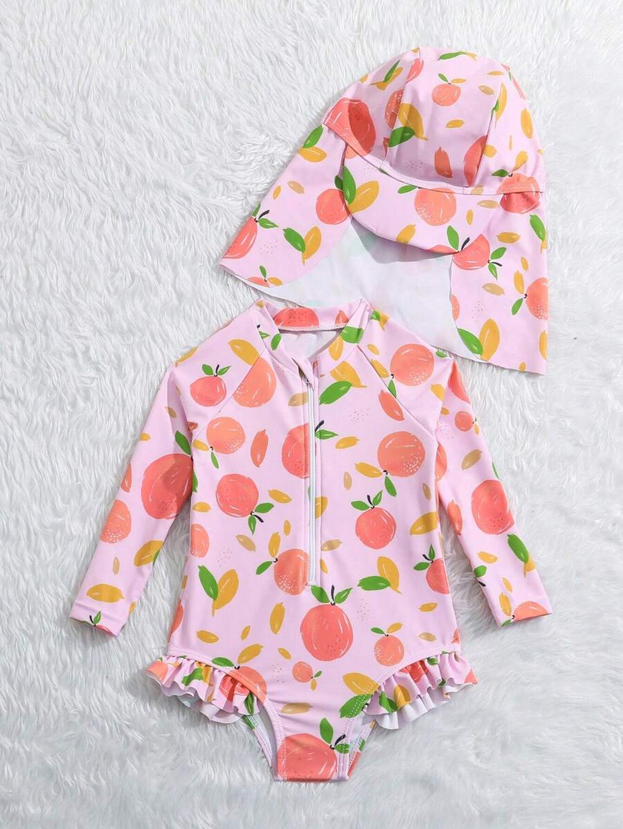 Baby Girls Orange Print One Piece Swimsuit With Hat Summer Beachwear Set