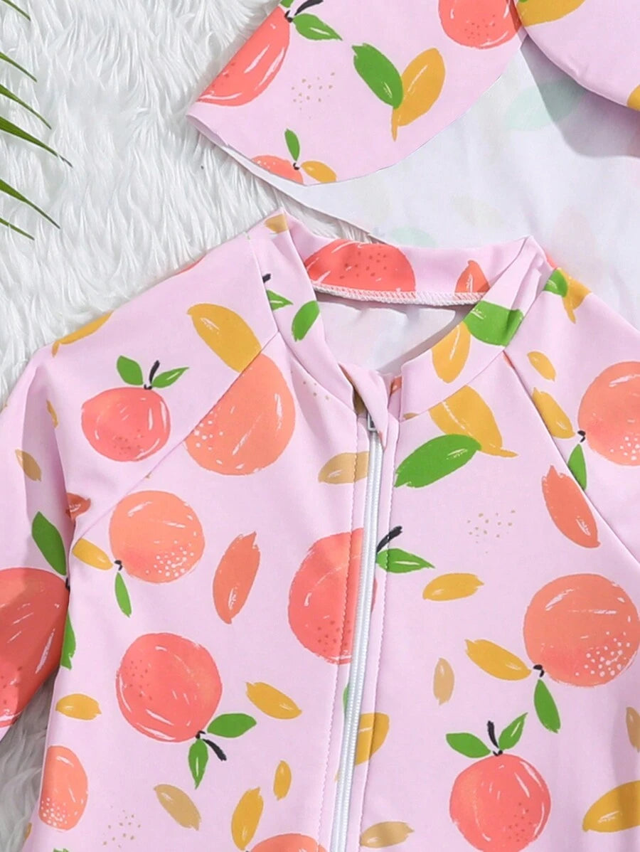 Baby Girls Orange Print One Piece Swimsuit With Hat Summer Beachwear Set