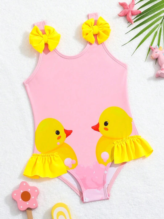Baby Girls Cartoon Graphic One Piece Swimsuit With Bow Front And Ruffle Trim