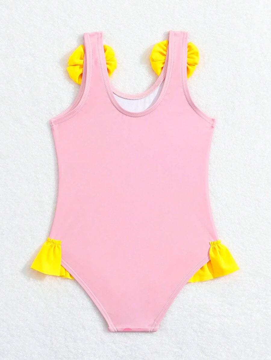 Baby Girls Cartoon Graphic One Piece Swimsuit With Bow Front And Ruffle Trim