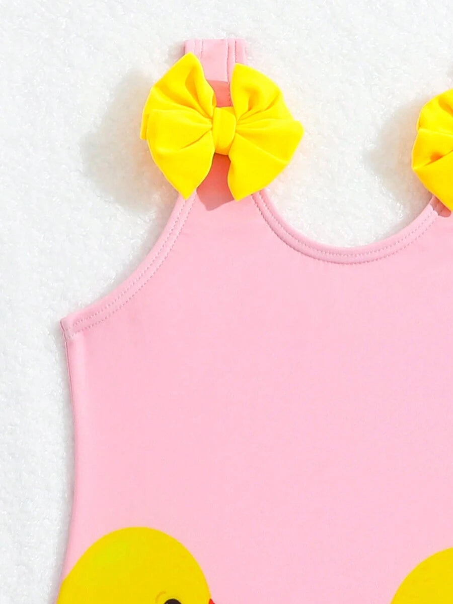 Baby Girls Cartoon Graphic One Piece Swimsuit With Bow Front And Ruffle Trim