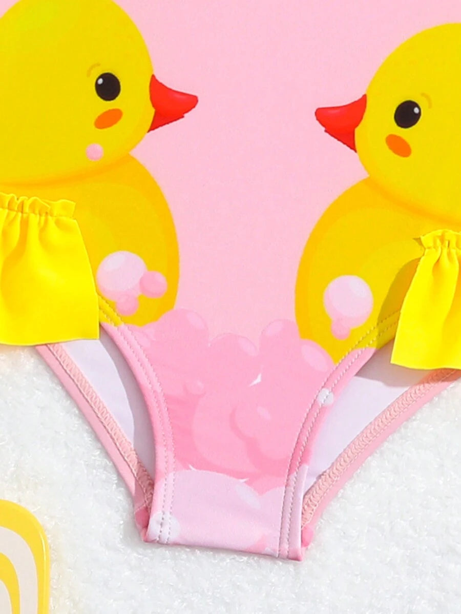 Baby Girls Cartoon Graphic One Piece Swimsuit With Bow Front And Ruffle Trim