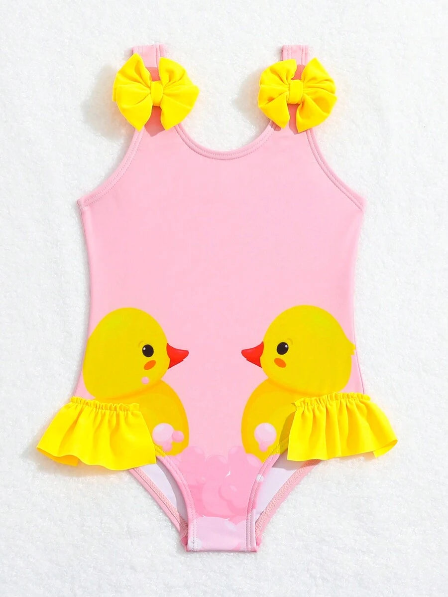 Baby Girls Cartoon Graphic One Piece Swimsuit With Bow Front And Ruffle Trim