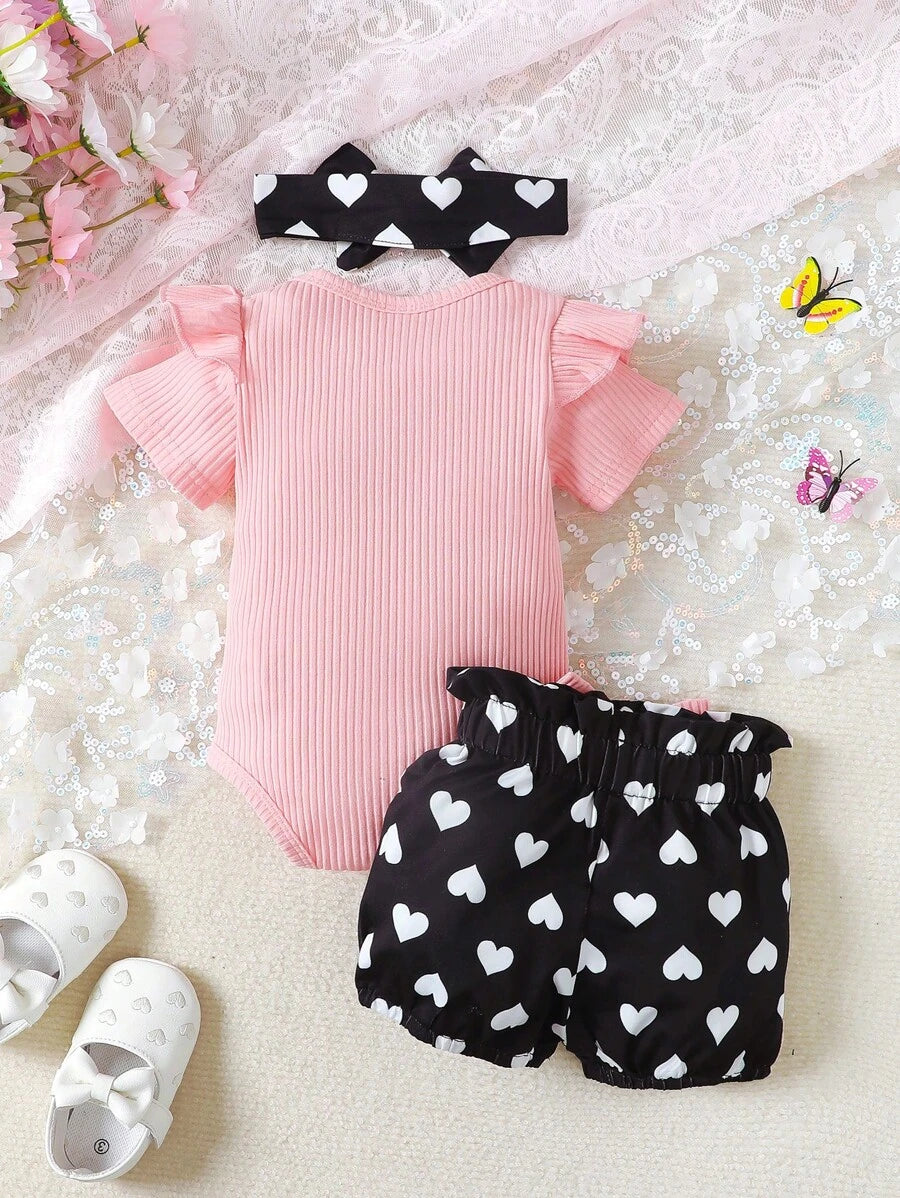 Cute Kids 3-Piece Casual Outfit Set For Toddlers – Embroidery Bodysuit, Soft Pants & Matching Bow Headband