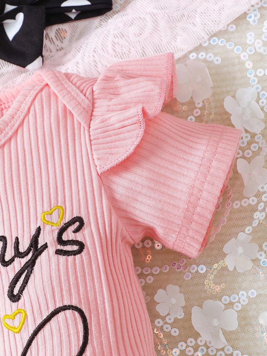 Cute Kids 3-Piece Casual Outfit Set For Toddlers – Embroidery Bodysuit, Soft Pants & Matching Bow Headband