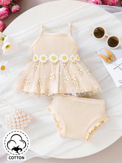 Baby Girl Daisy Embroidered Tank Top & Shorts Set - Vintage Summer Outfit