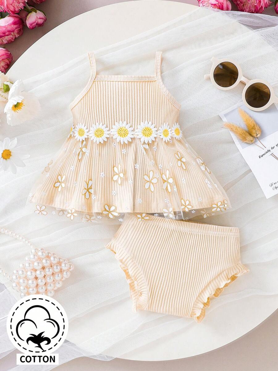 Baby Girl Daisy Embroidered Tank Top & Shorts Set - Vintage Summer Outfit