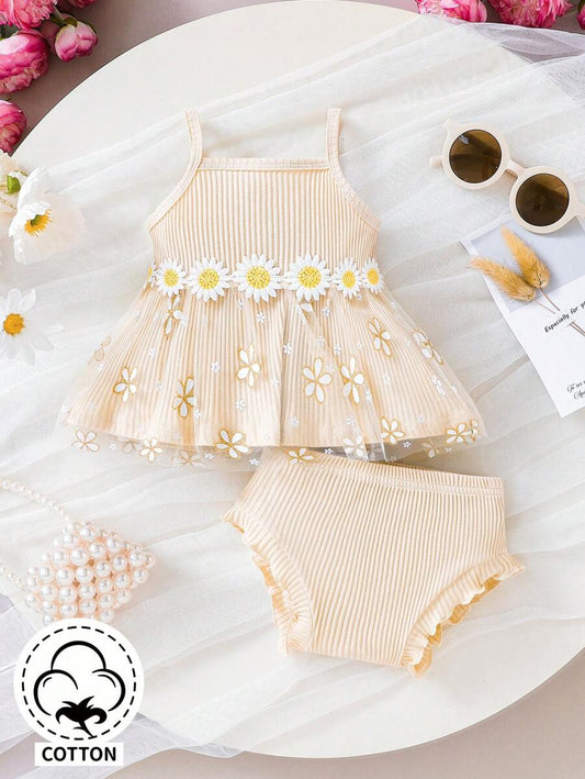Baby Girl Daisy Embroidered Tank Top & Shorts Set - Vintage Summer Outfit