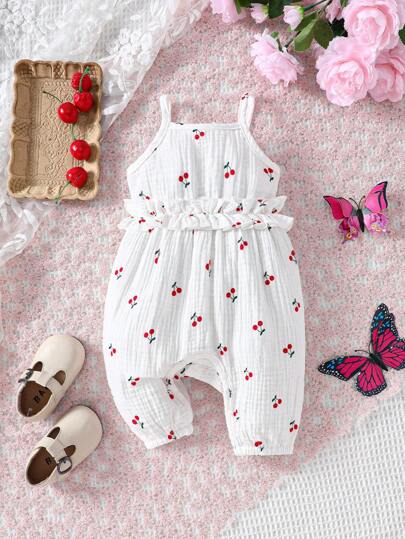 Baby Girl Cherry Print Romper - Sweet Sleeveless Summer Jumpsuit