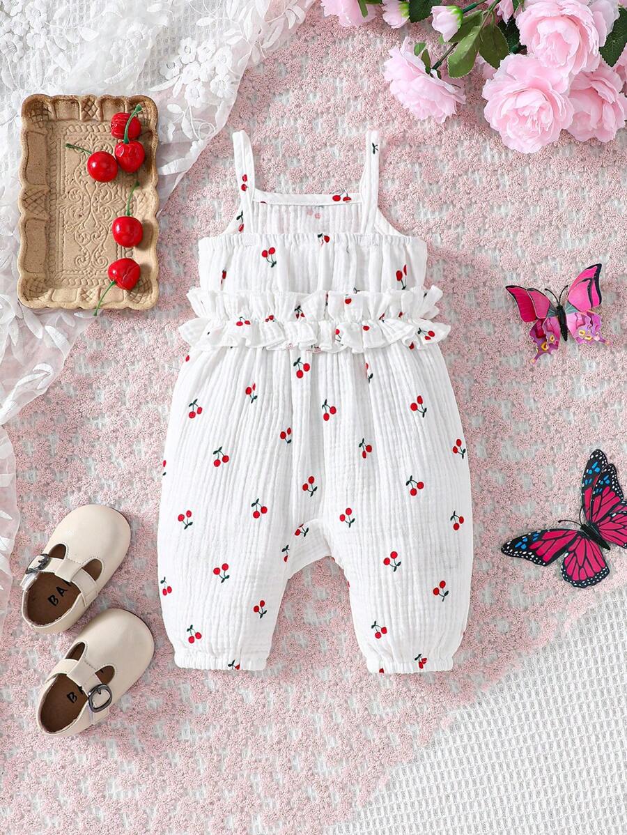 Baby Girl Cherry Print Romper - Sweet Sleeveless Summer Jumpsuit