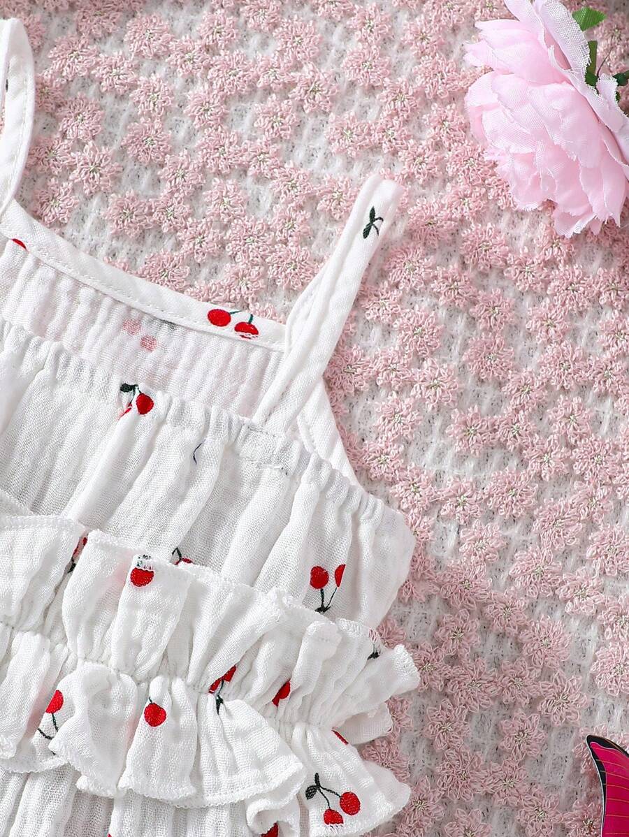 Baby Girl Cherry Print Romper - Sweet Sleeveless Summer Jumpsuit