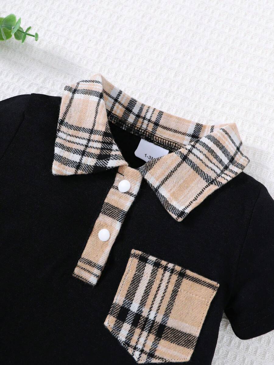 Newborn Baby Boy Plaid Texture Polo Short Sleeve Jumpsuit Casual Summer Outfit for Daily Wear