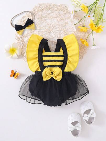 Mesh Tutu Suspender Bodysuit with Bow Detail for Cute Spring and Summer Wear