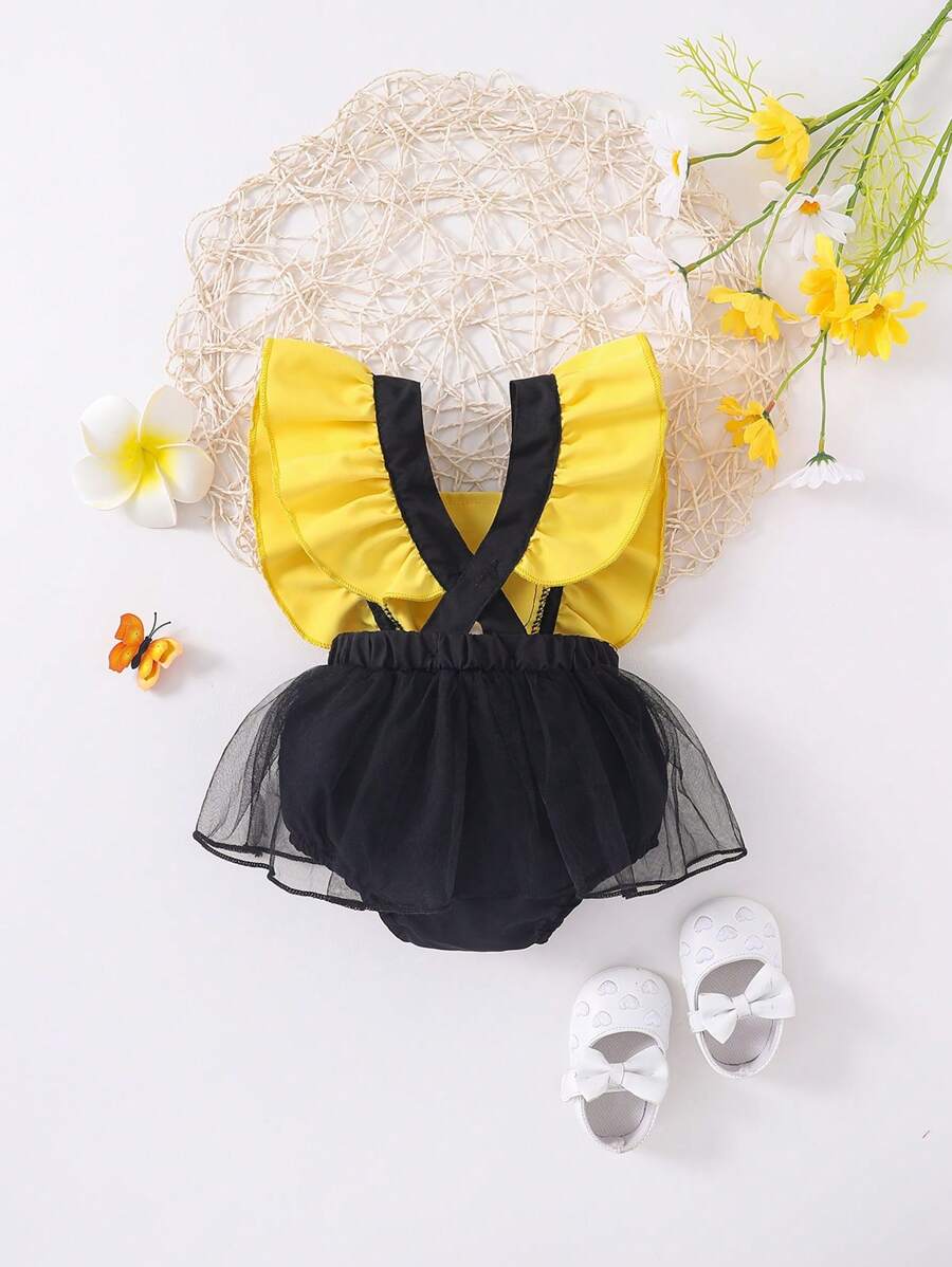 Mesh Tutu Suspender Bodysuit with Bow Detail for Cute Spring and Summer Wear
