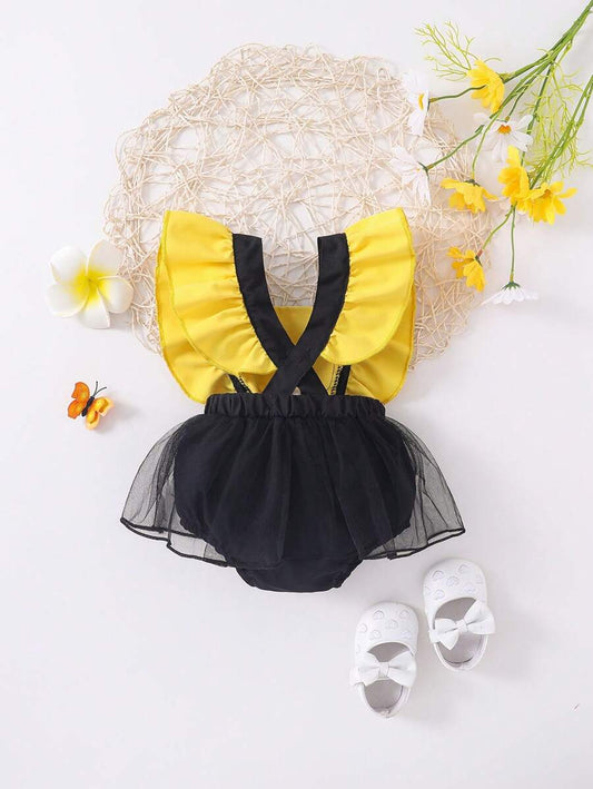 Mesh Tutu Suspender Bodysuit with Bow Detail for Cute Spring and Summer Wear