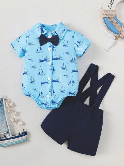 Baby Boy Gentleman Style Bow Tie Suspender Jumpsuit Outfit