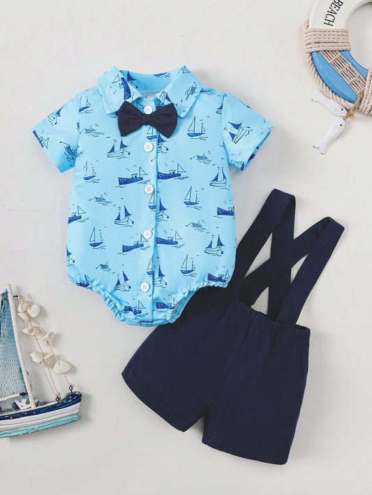 Baby Boy Gentleman Style Bow Tie Suspender Jumpsuit Outfit