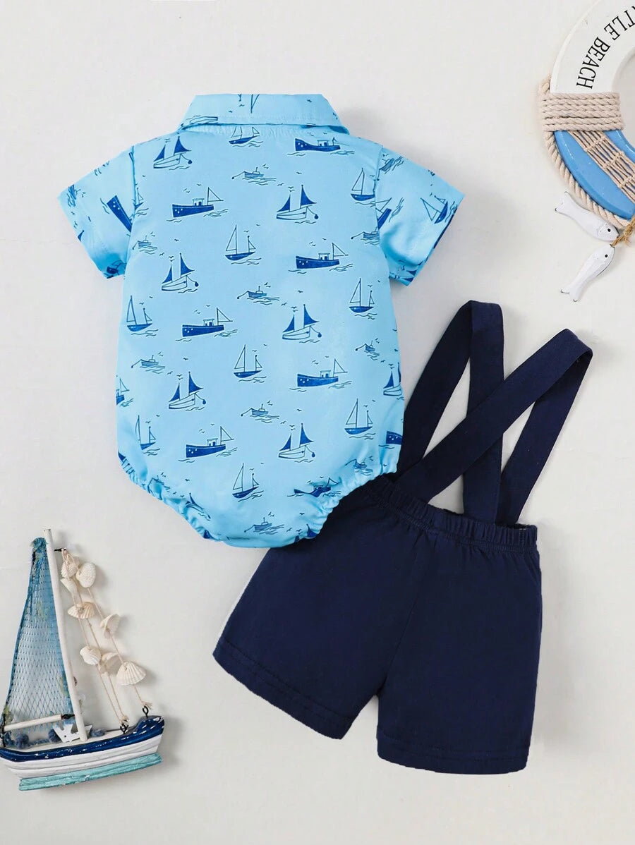 Baby Boy Gentleman Style Bow Tie Suspender Jumpsuit Outfit