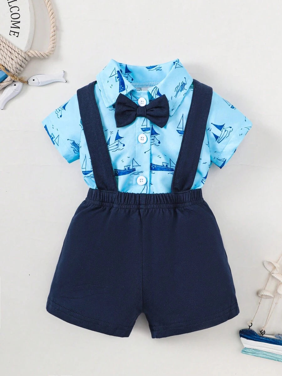 Baby Boy Gentleman Style Bow Tie Suspender Jumpsuit Outfit