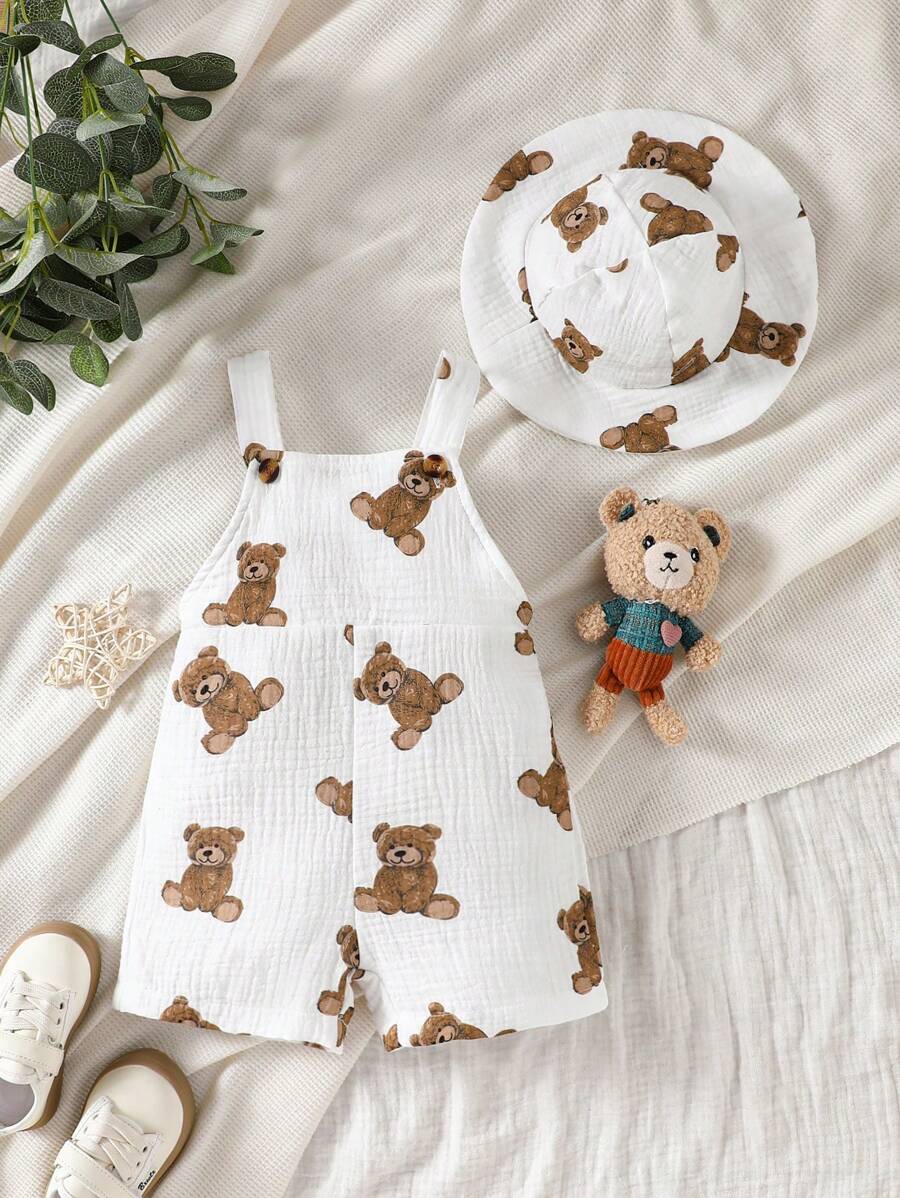 Infant Boy Bear Graphic Overalls - Charming Animal Motif One-Piece Outfit