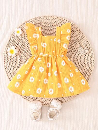 Baby Daisy Print Ruffled Hem Dress for Cute Summer Daily Wear